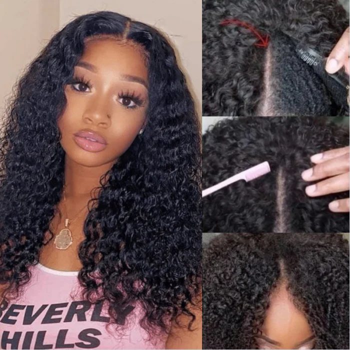 Megalook V Part Glueless Deep Curly Wigs Invisi Drawstring Natural Black Seamless Wear