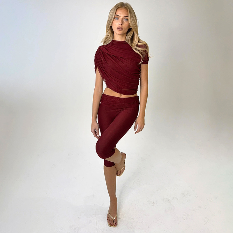 Women Spring Sexy Draped Top and Capri Pants Two-Piece Set