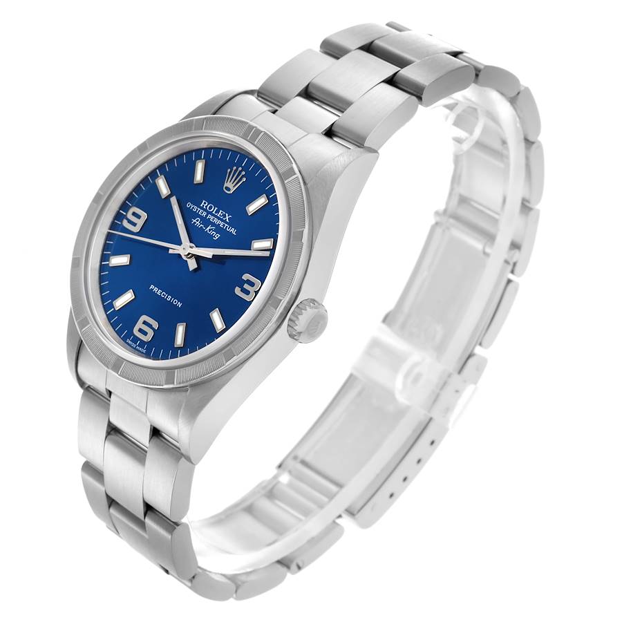Rolex Air King Engine Turned Bezel Blue Dial Steel Mens Watch 14010