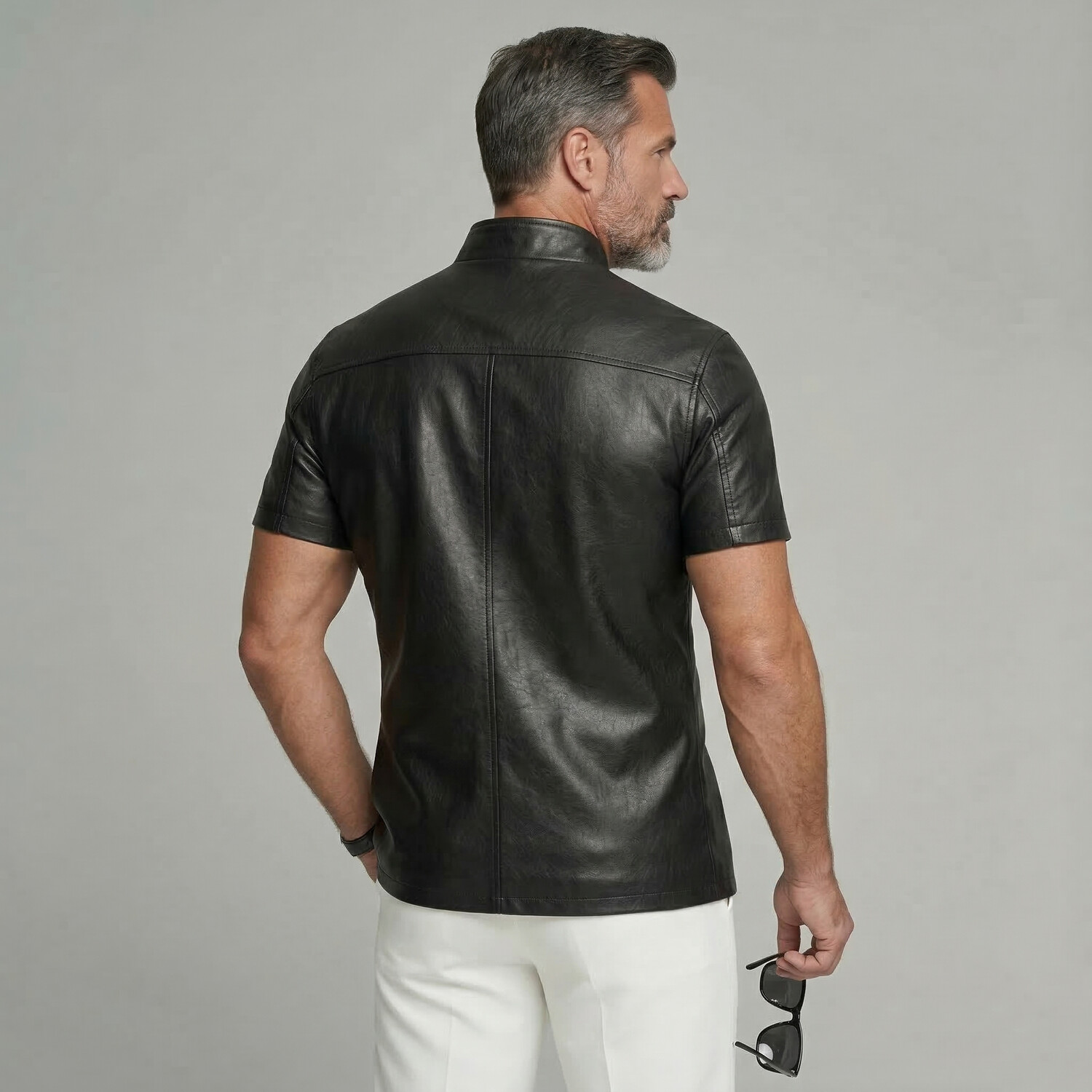 Men's PU Leather Black Stand Collar Double Breasted Short Sleeve Shirt