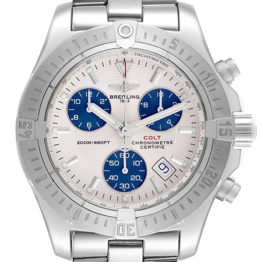 Breitling Colt Chronograph Silver Dial Blue Subdials Steel Mens Watch A73380