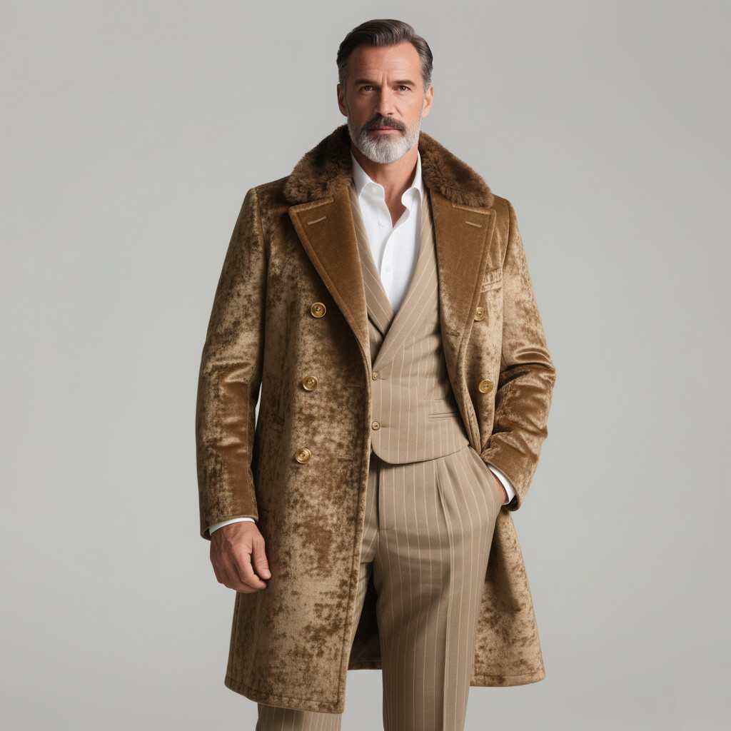 Men's Khaki Furry Collar Long Sleeve Double Breasted Mid-Length Velvet Overcoat