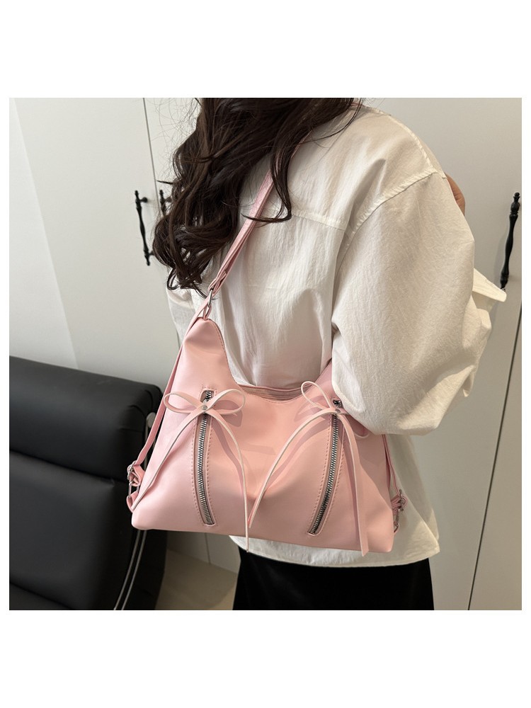 Solid Color Ribbon Bow Zipper Tote Bag