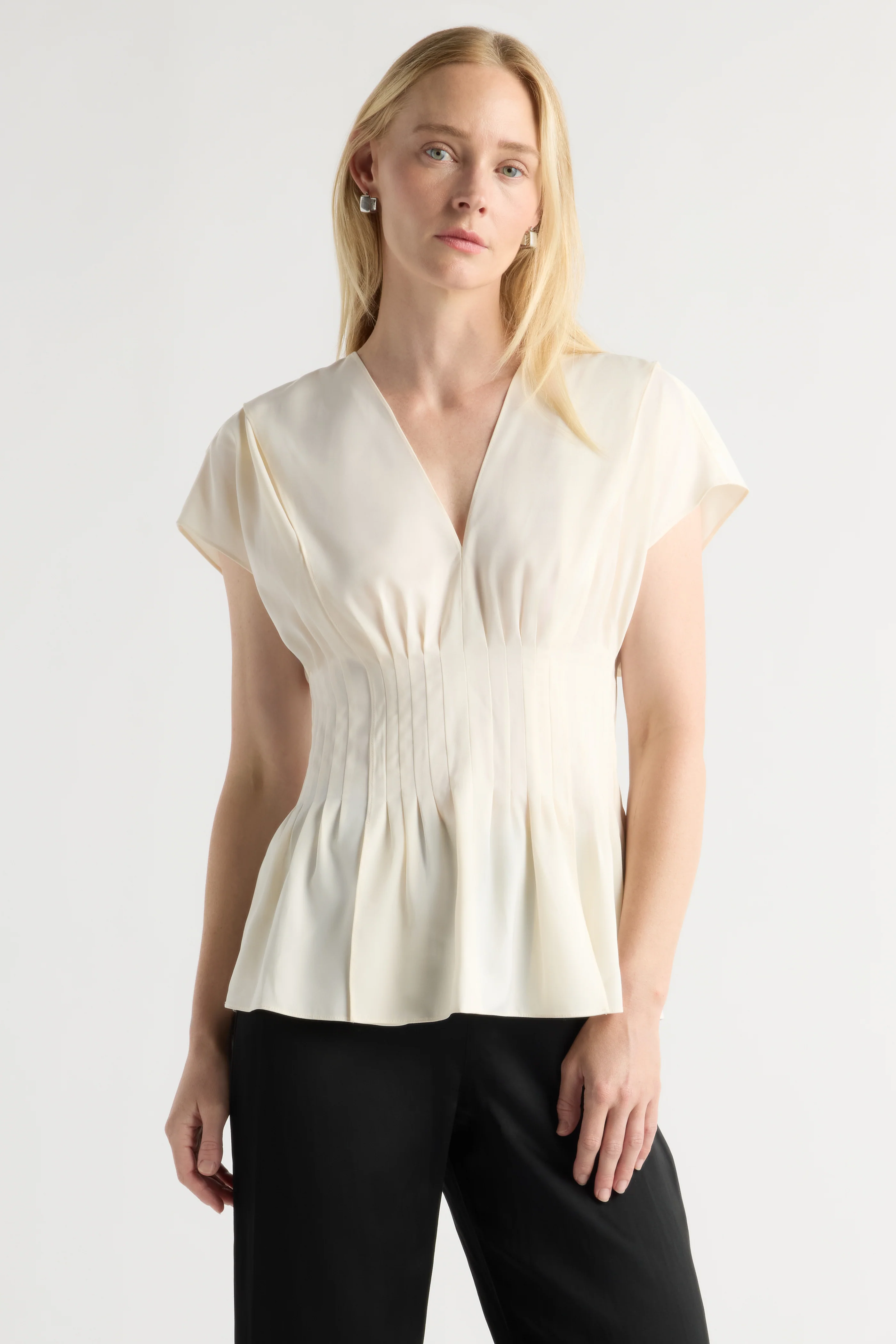 Sora Pleated Satin V-Neck Blouse