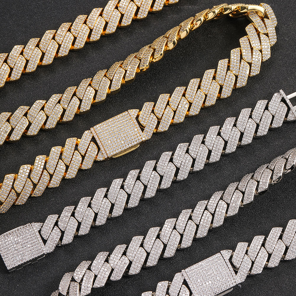 Wholesale Men Hip Hop Jewelry 20mm 3 Rows Gold Chunky Necklace Iced Out Cz Prong Cuban Link Chain Necklace Diamond Cuban Chain