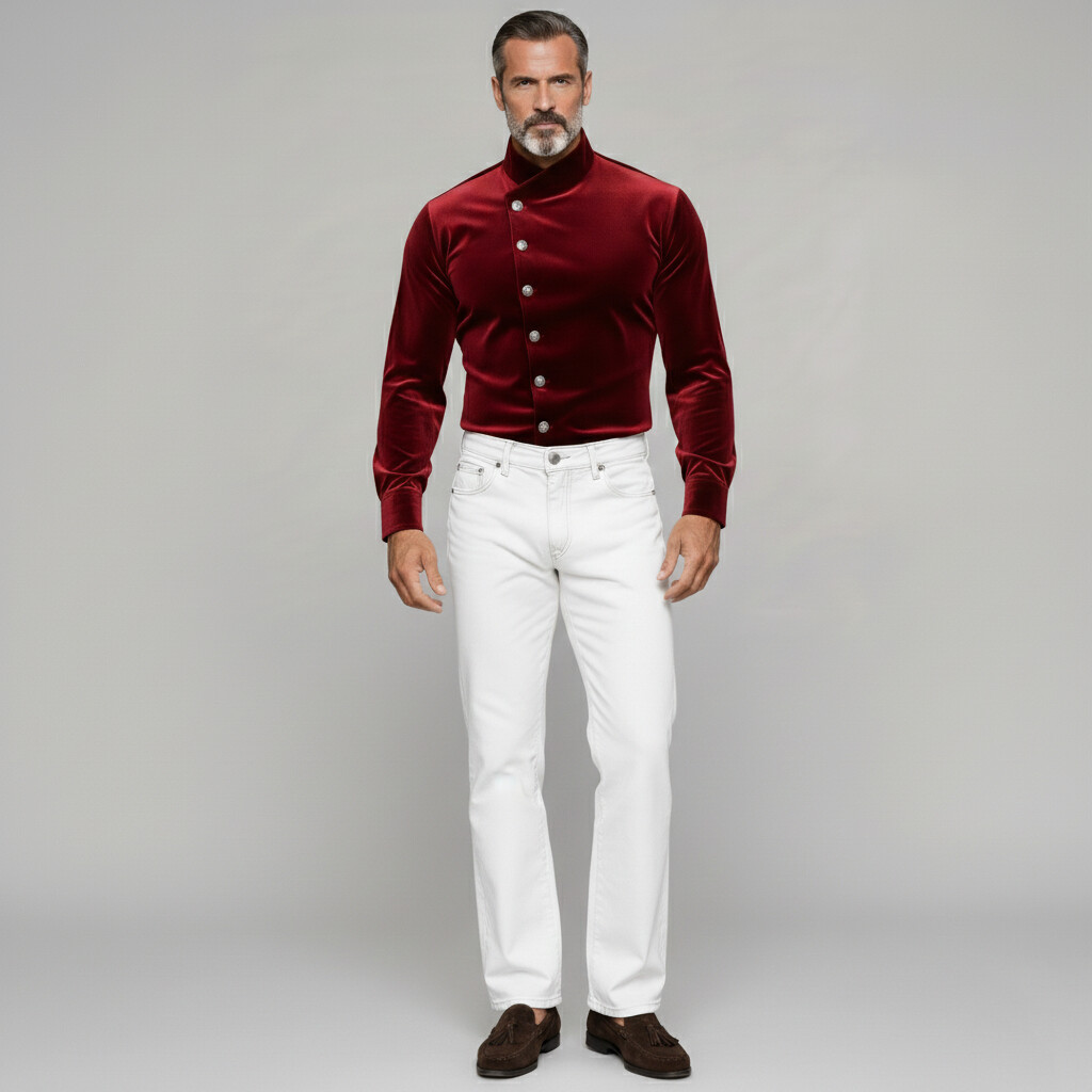 Men's Burgundy Stand Collar Long Sleeve Single Breasted Velvet Shirts