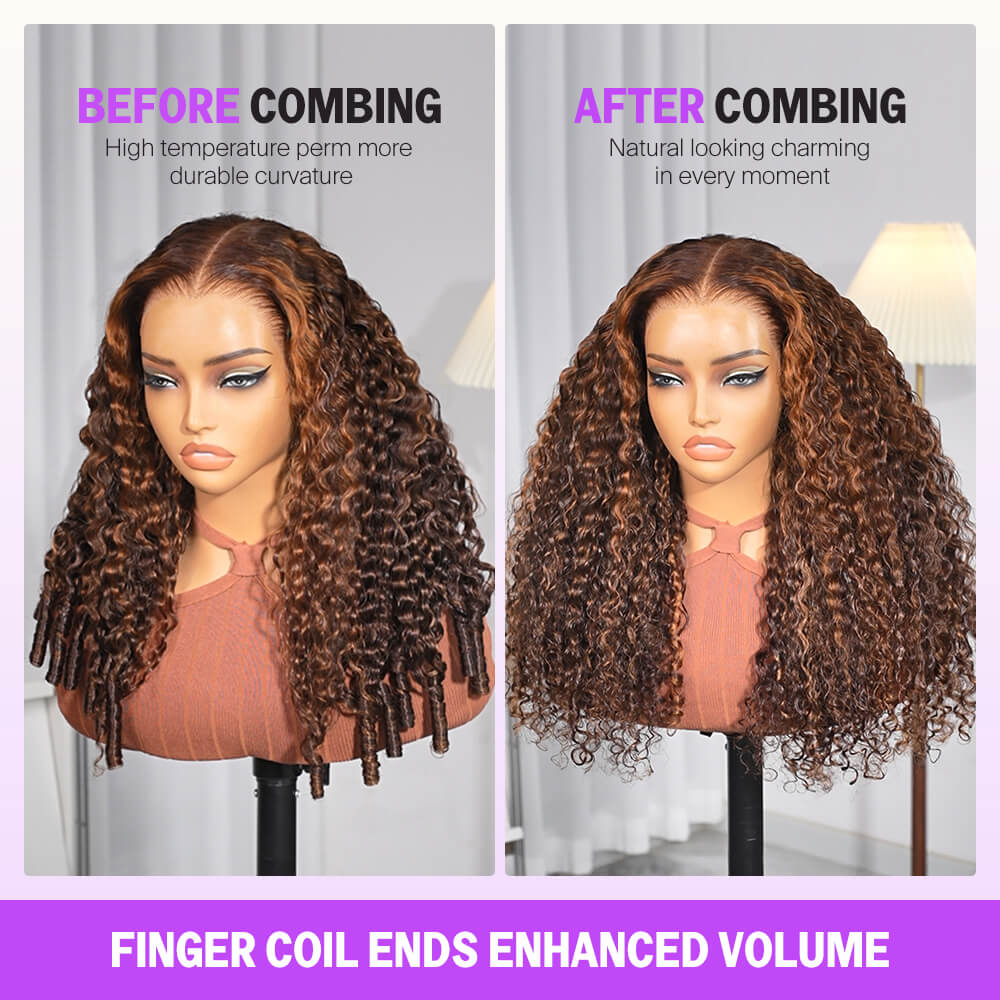 Megalook 13x6 Three-Go™ Dark Brown Glueless Wigs With Highlights Burmese Curly With Finger Coil Ends