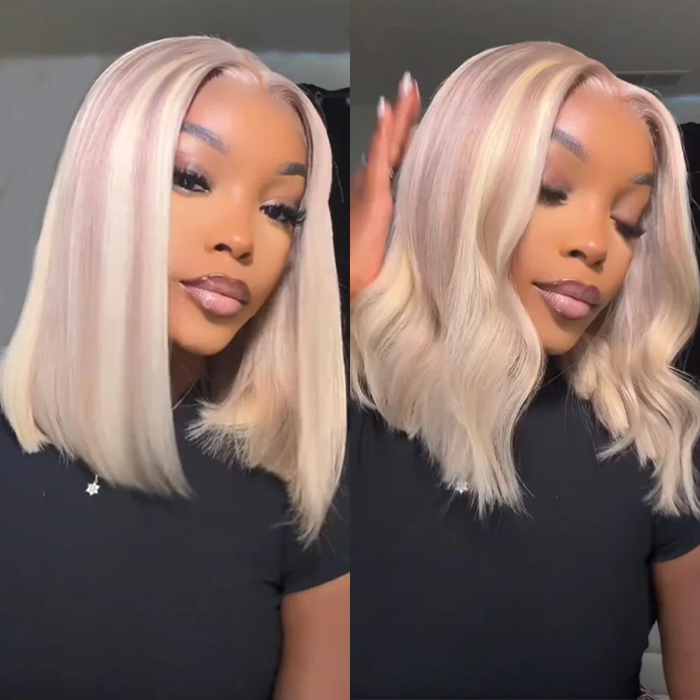 Megalook 6x5 Invisible Knots & 13x4 Lace Frontal Blonde Highlight Straight Bob Wigs Realistic Hairline Beginner Friendly