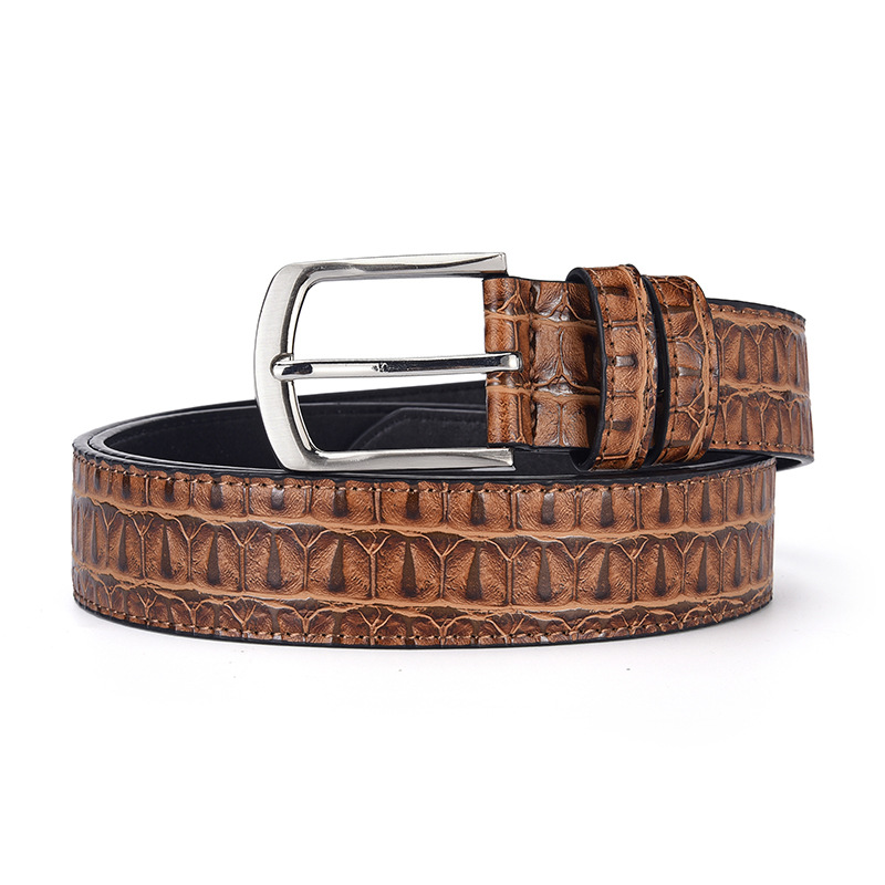 Men's Fashion Brown PU Leather Crocodile Embossed Silver Buckle Belt