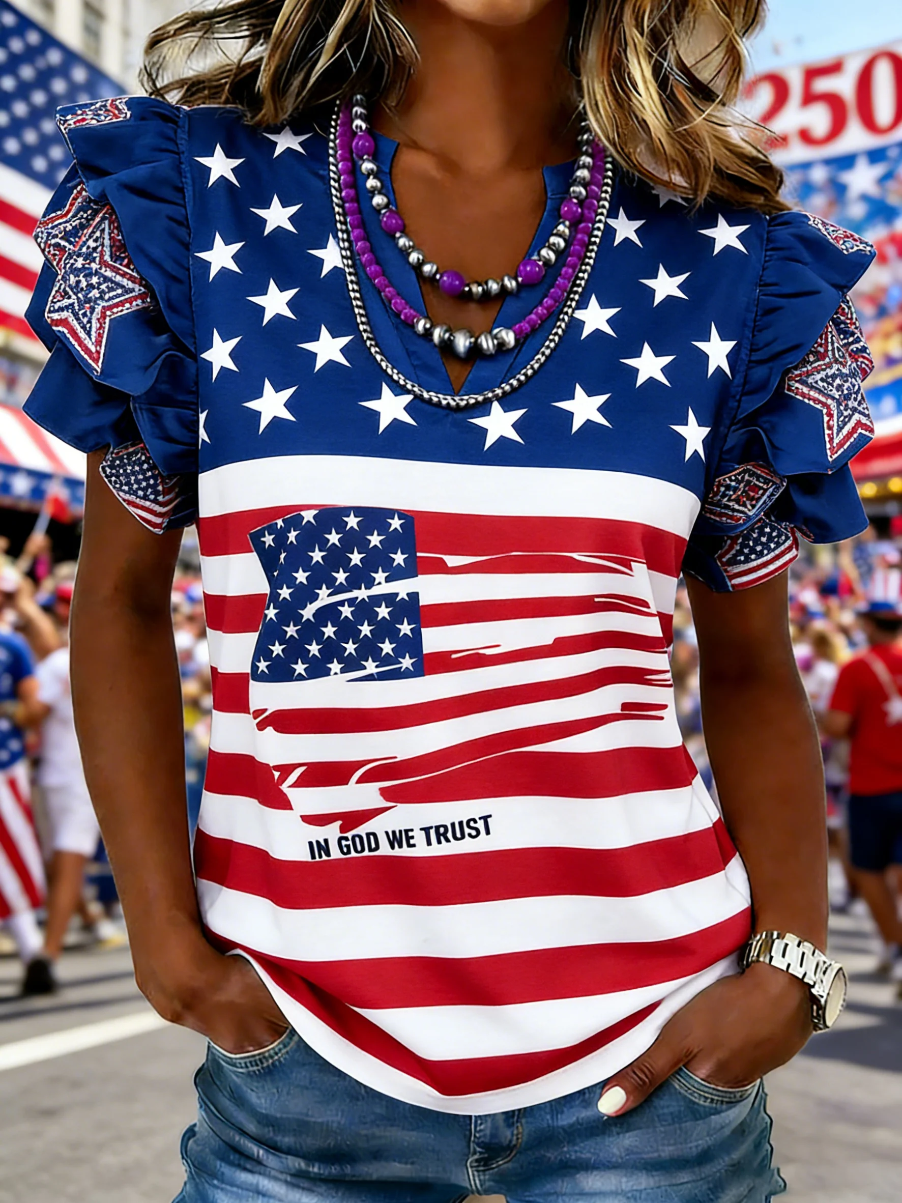 Women's patriotic 250th anniversary printed flag ruffled sleeve top