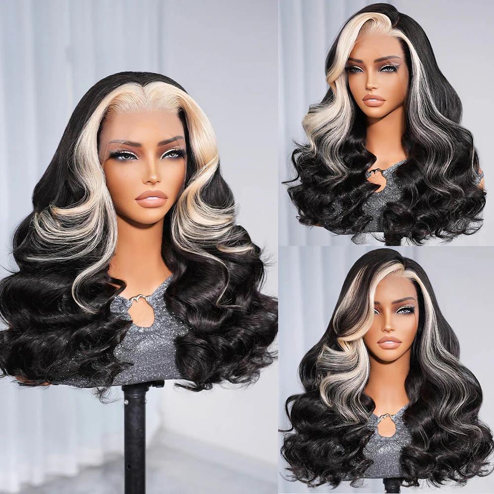 Megalook Skunk Stripe Highlight Black and Honey Blonde 613 Color 13x4 Transparent Lace Frontal Long Human Hair Wig