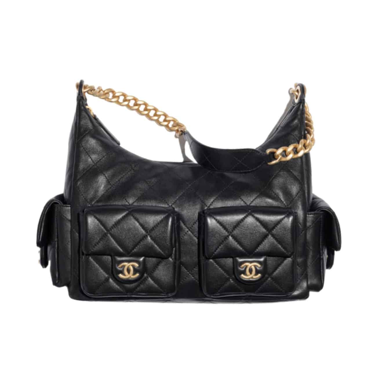 Chanel Maxi Hobo Bag Gold Tone Metal Black 25cm