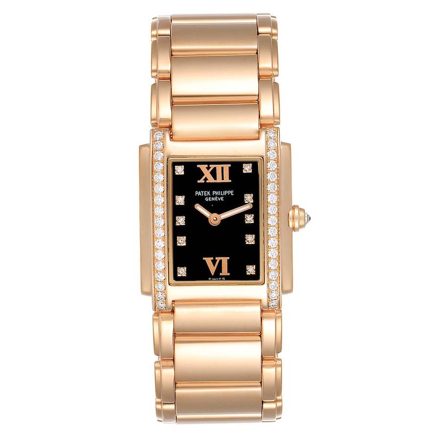 Patek Philippe Twenty-4 Rose Gold Black Dial Diamond Ladies Watch 4910 Papers