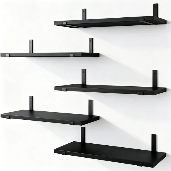 5 Pack Black Floating Shelves with Gold Brackets