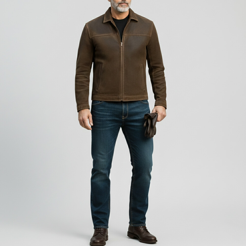 Men's Retro Distressed Suede Shirt Collar Zipper Pocket Long Sleeve Jackets