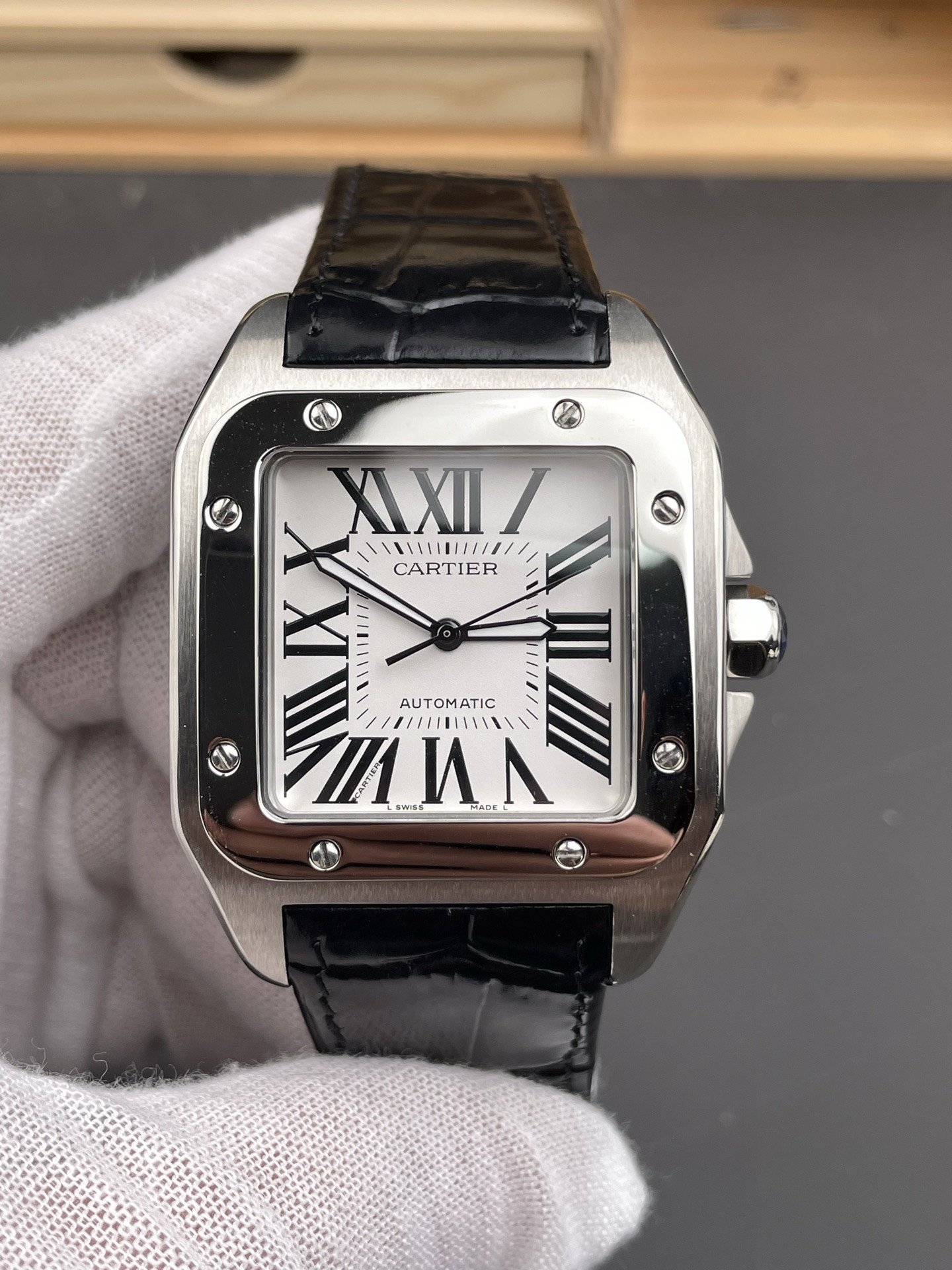 Santos White Sunburst Dial with Roman Numerals