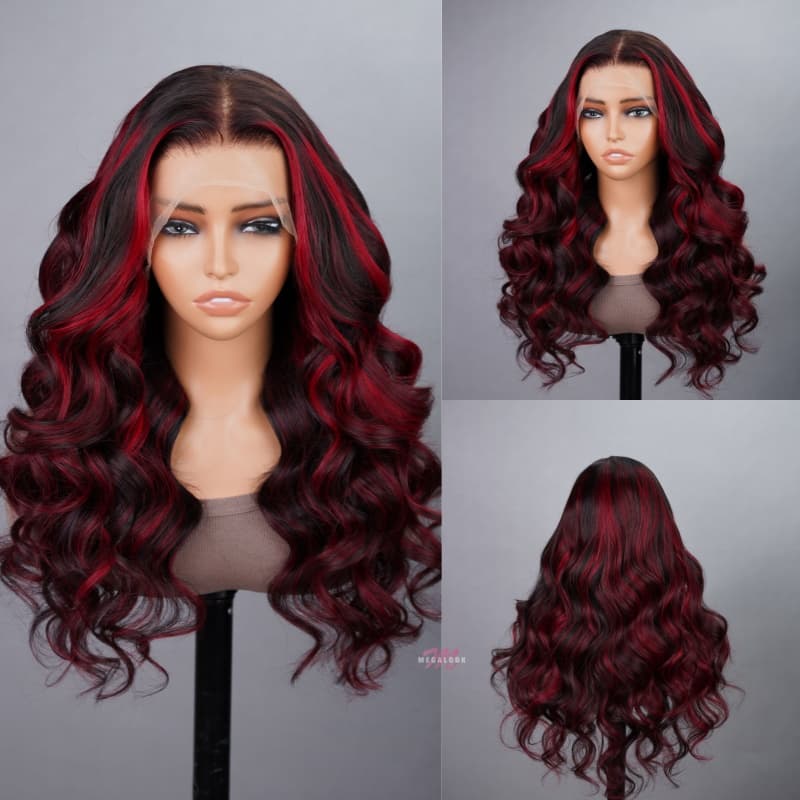 Megalook Bogo Free 28-30Inch New Dark Burgundy With Rose Red Highlights 13x4 Lace Front Hand Curls Wig