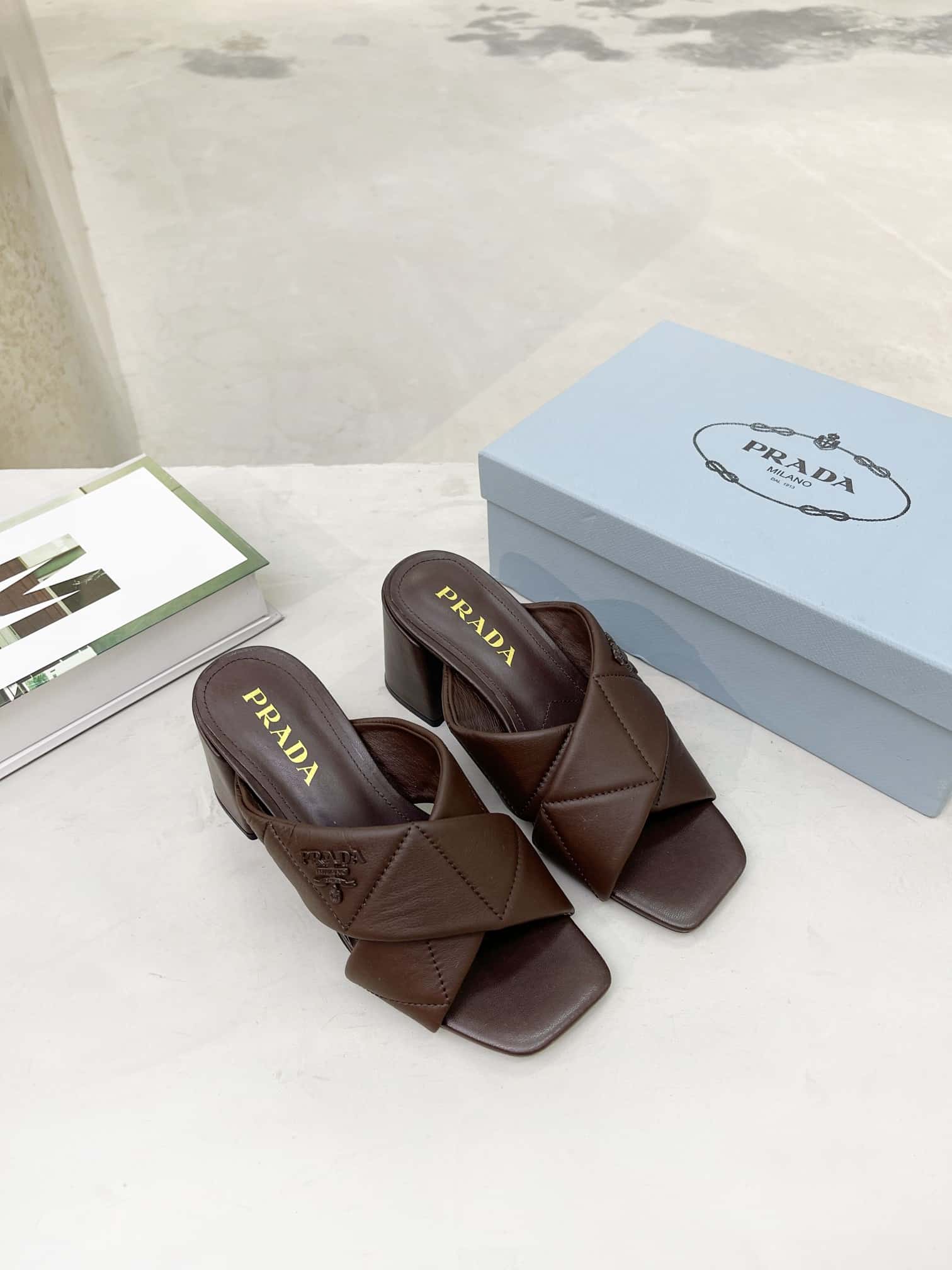 Prada Crossover Nappa Leather Sandals In Dark Brown