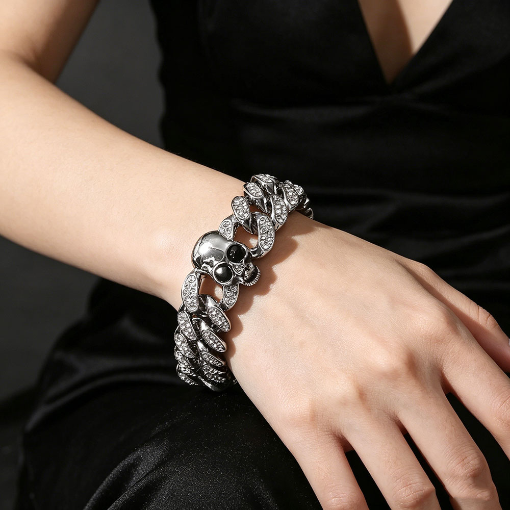 GemVibra Rhinestone Skull Cuban Link Zinc Alloy Bracelet