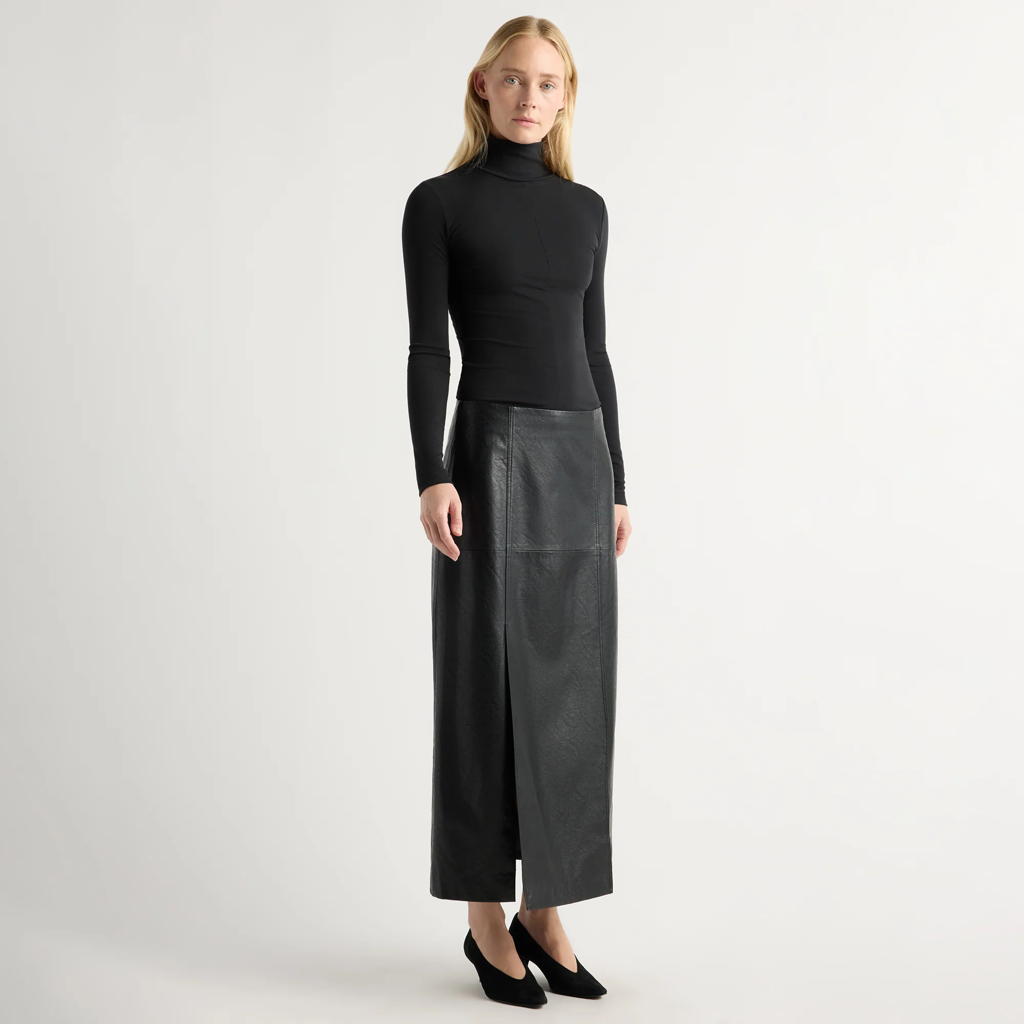 Rama Front-Vent Vegan Leather Skirt