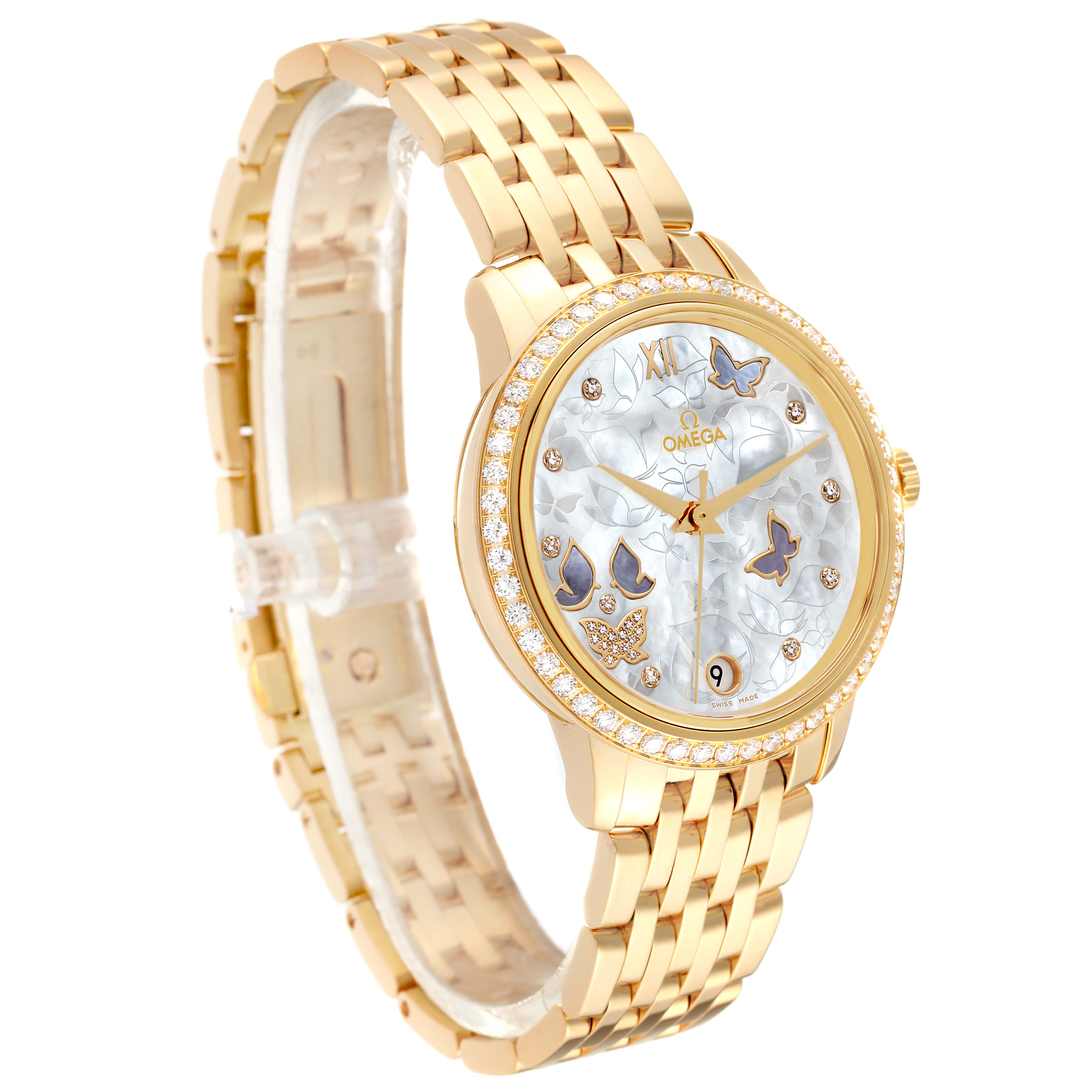 Omega DeVille Prestige Yellow Gold Mother of Pearl Diamond Ladies Watch 37.6 MM 424.55.33.20.55.005