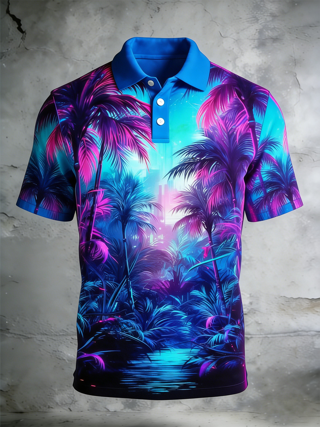 Moisture Wicking Gradient Colors Tropical Plants Coconut Tree Leaves Short Sleeve Golf Polo