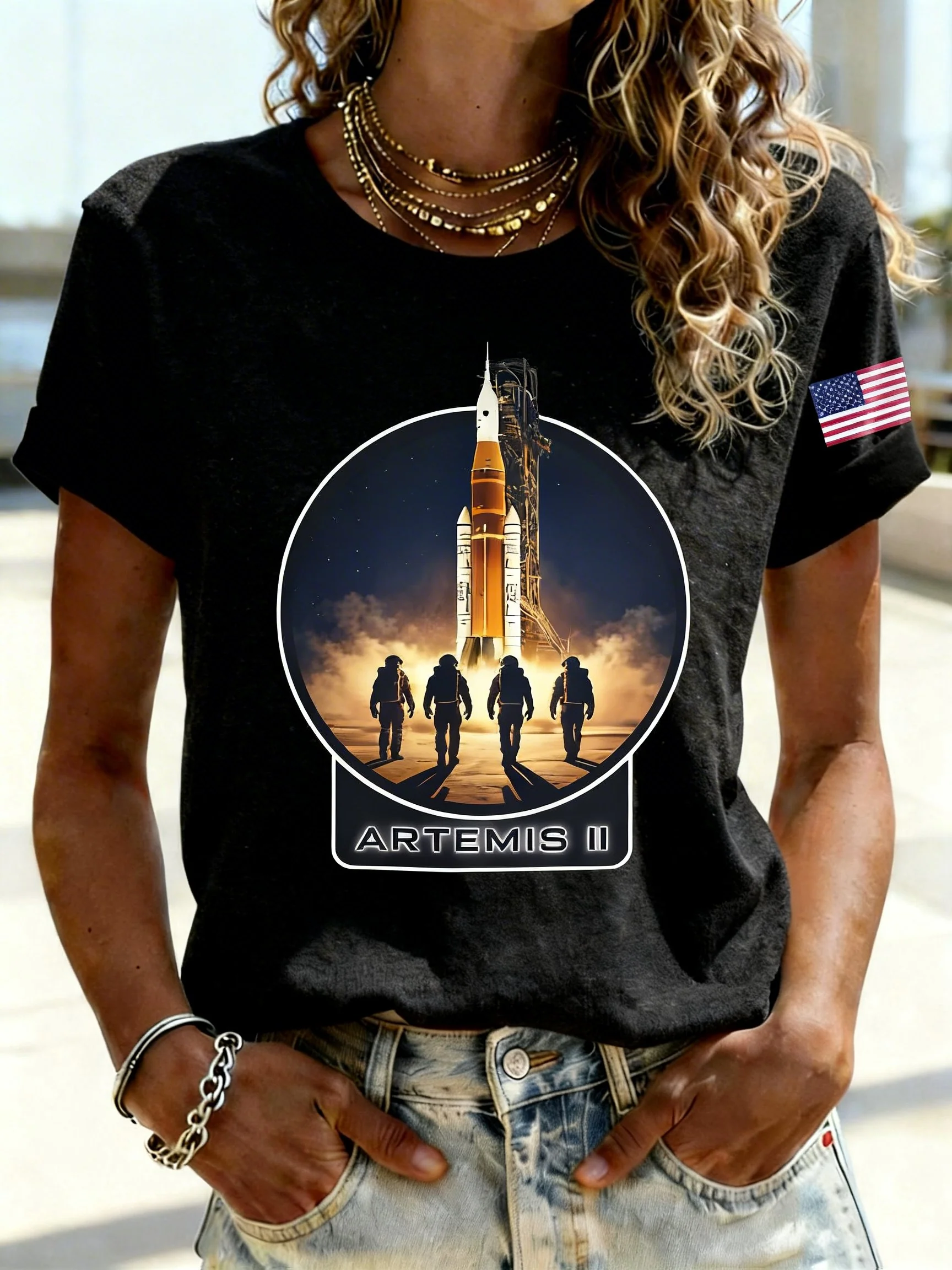 Retro Artemis II 2026 Rocket Launch Print T-Shirt
