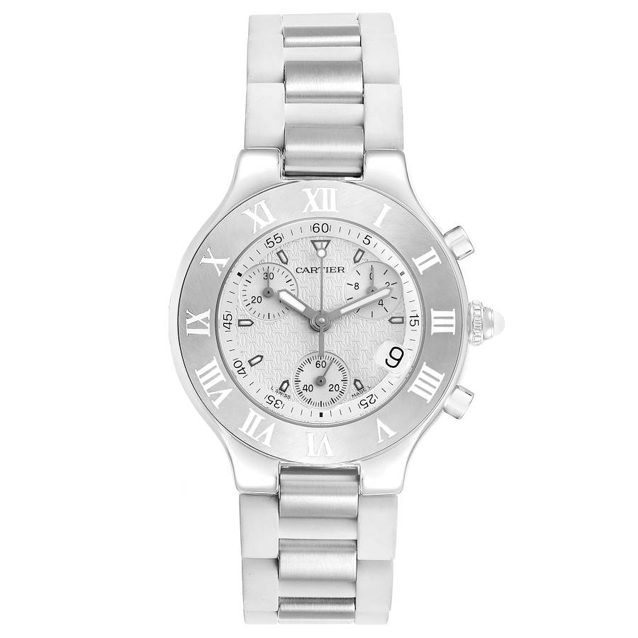 Cartier Must 21 Chronoscaph White Rubber Steel Ladies Watch W10184U2 Papers