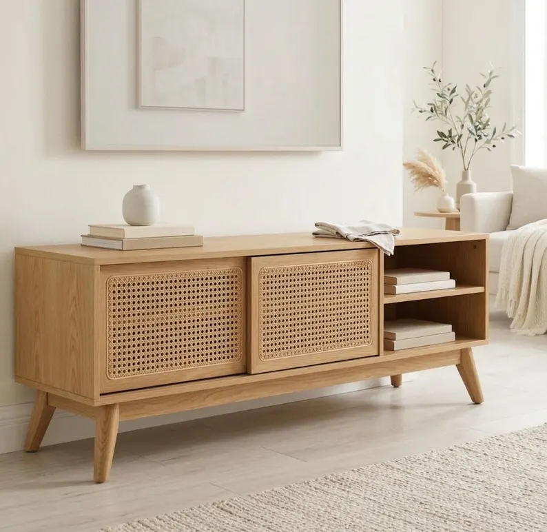 Mid-Century TV Stand with Rattan Doors
