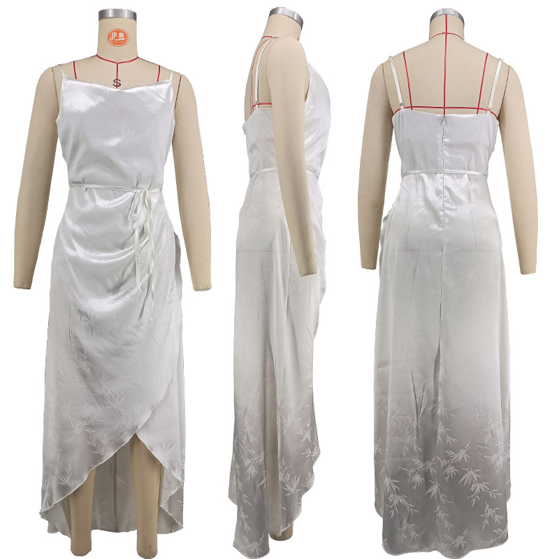 Women Casual Holidays Summer Halter Satin Belt Slit Dress（Processing time need 3-6 days）