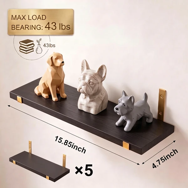 5-Tier Floating Shelves Wall Mounted Black Wood Wall