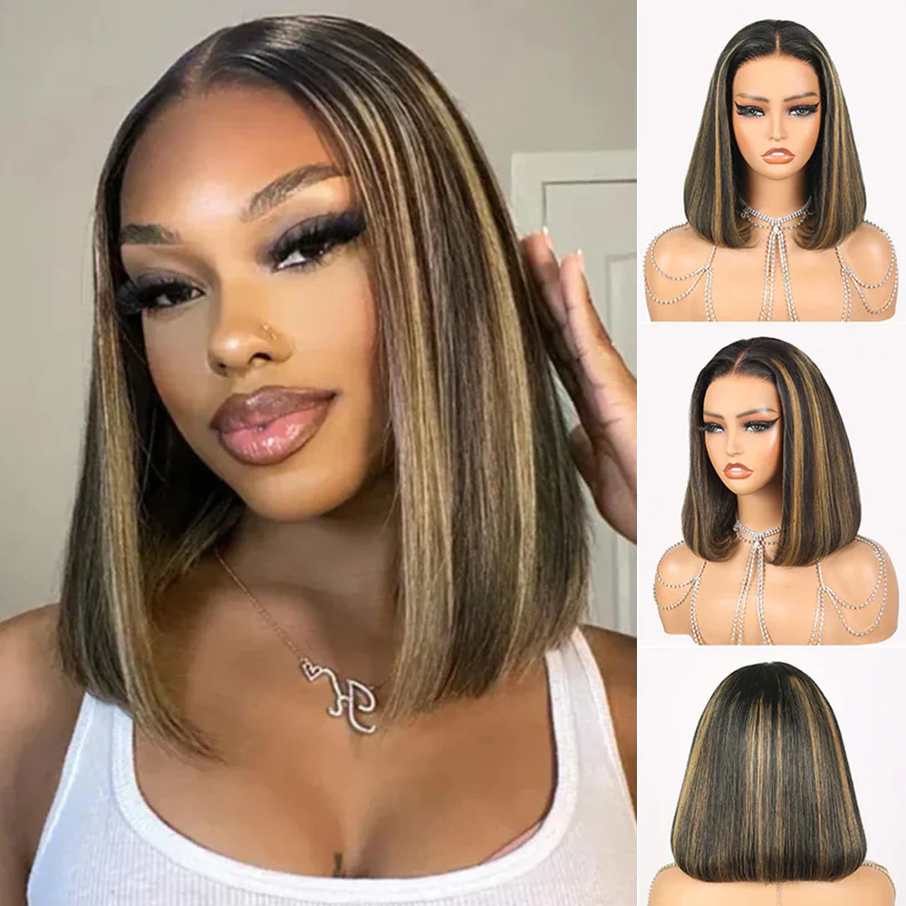 Megalook Bogo Free 13x4 Lace Frontal Invisible Knots Glueless Balayage Straight Bob Wigs Realistic Hairline