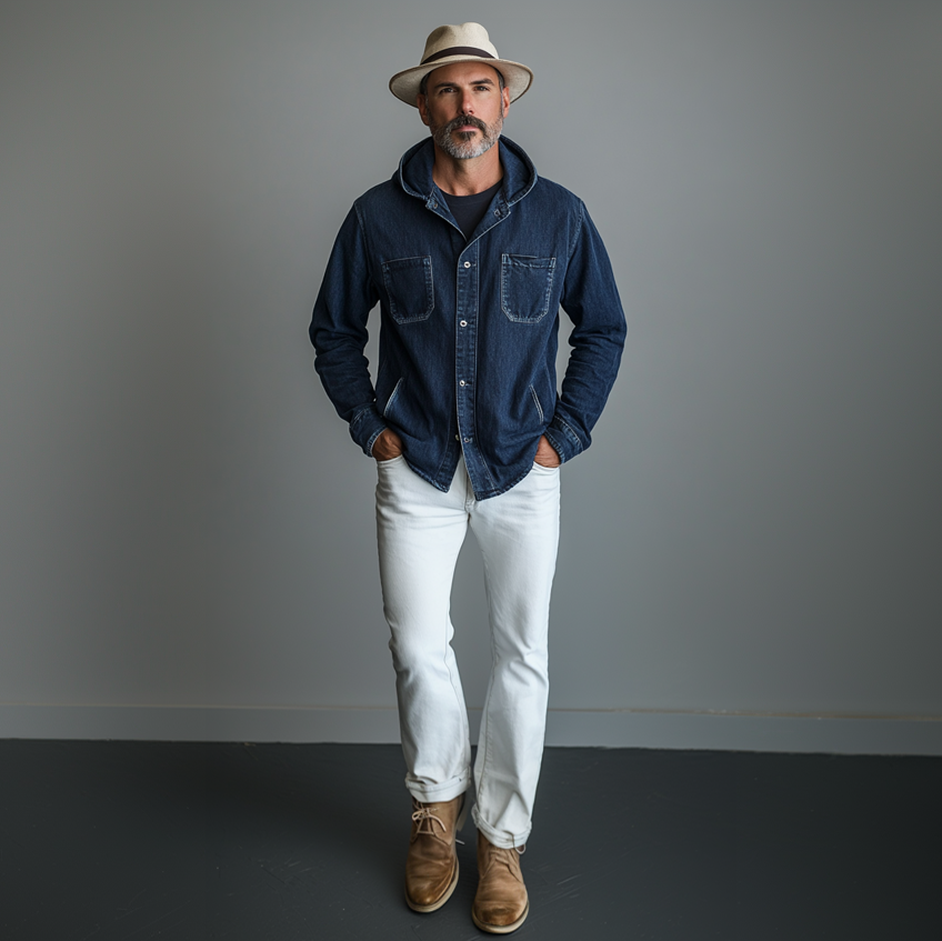 Men's Casual Denim Button Up Long Sleeve Hooded Shirt