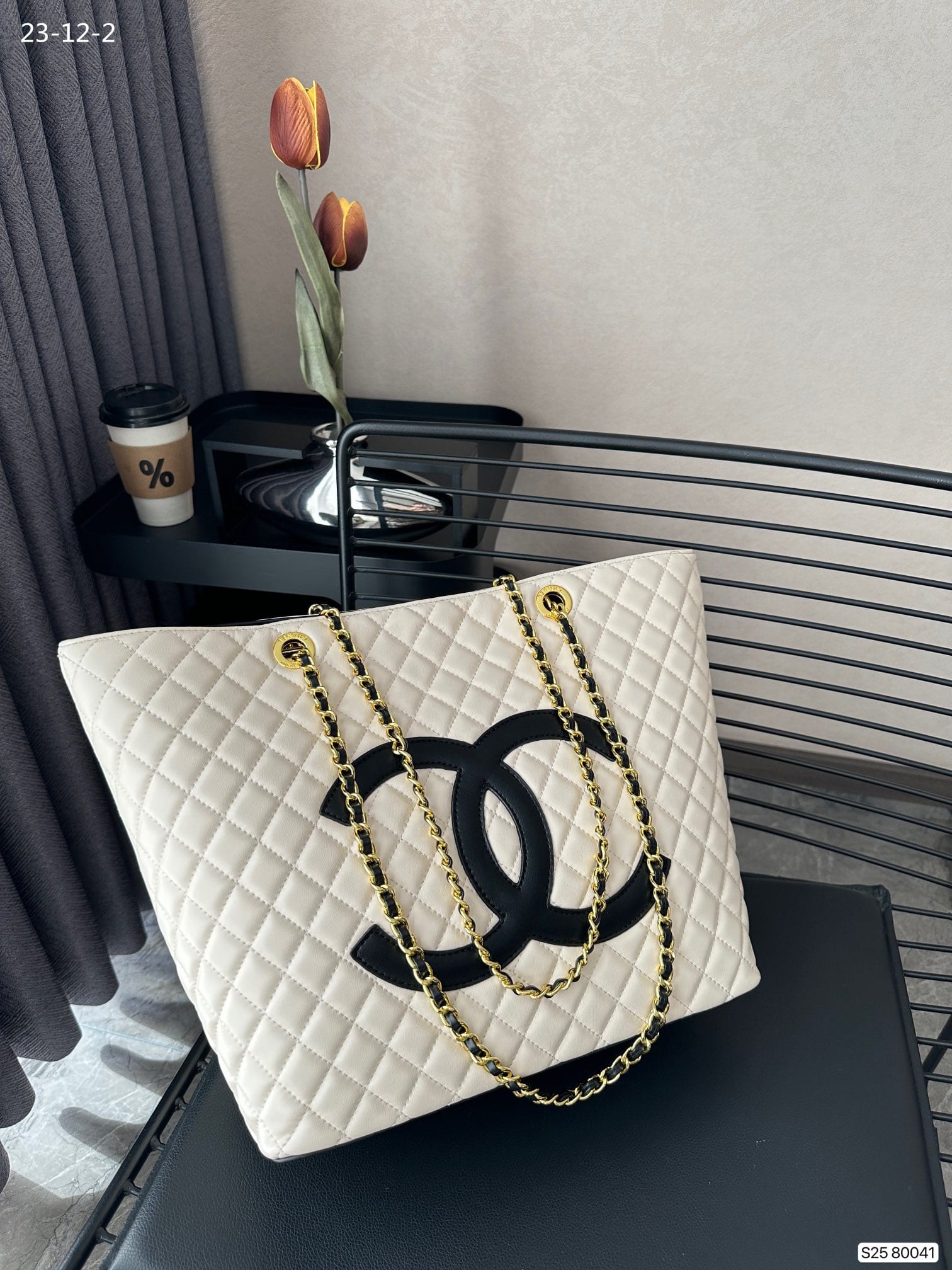 Chanel Cc Shopping Bag With Chain Leather White 32Cm