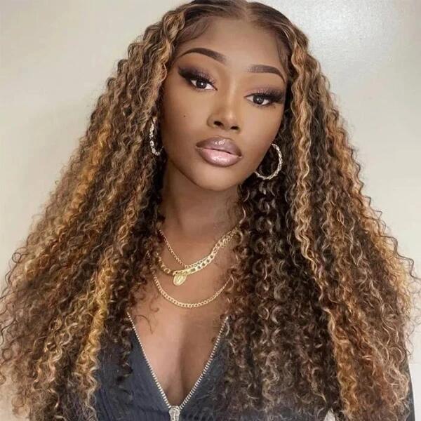 Honey Blonde Highlight Bundles With 5x5 Lace Closure Virgin Human Hair Highlight Curly Hair