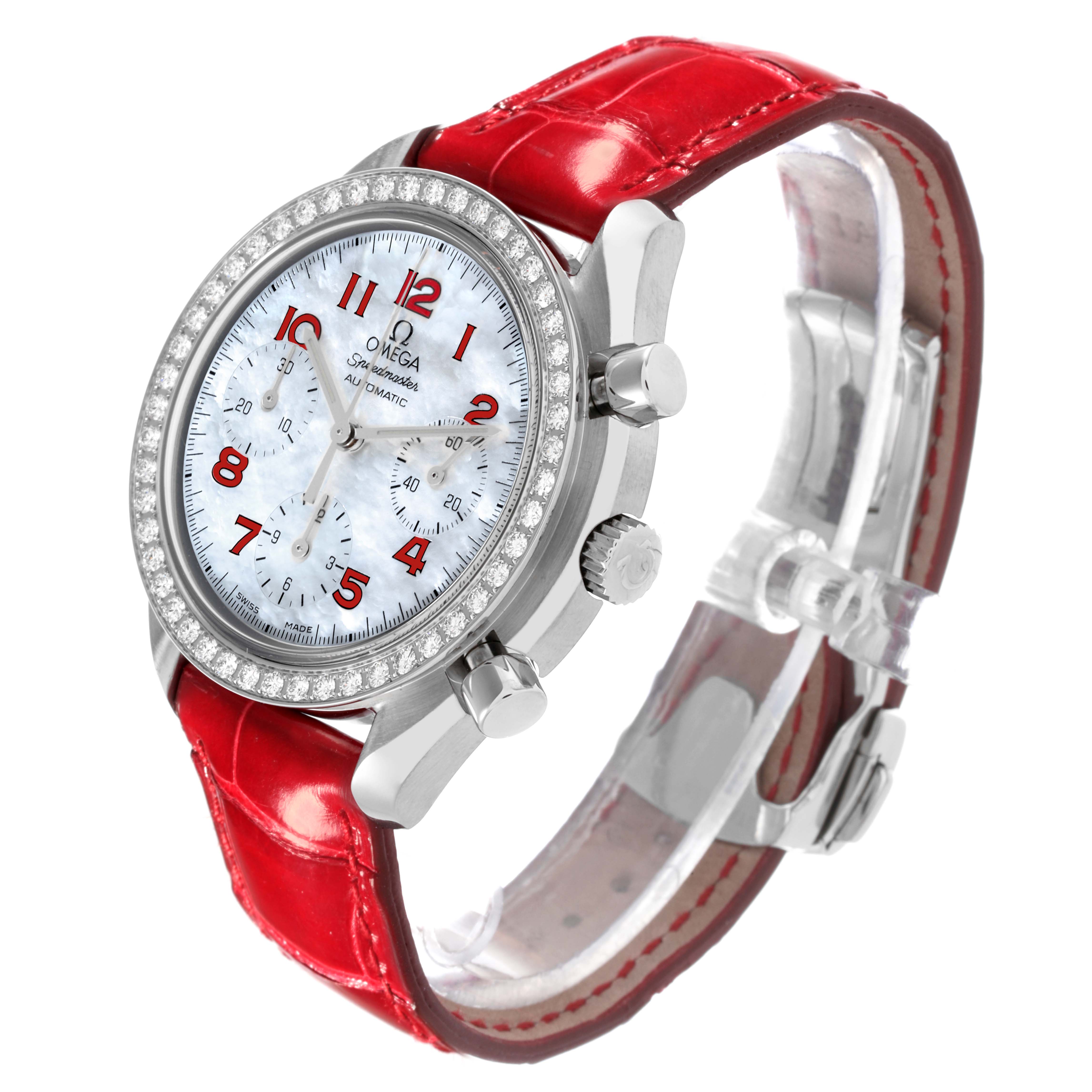 Omega Speedmaster MOP Diamond Red Strap Ladies Watch 39.0 MM 3815.79.40