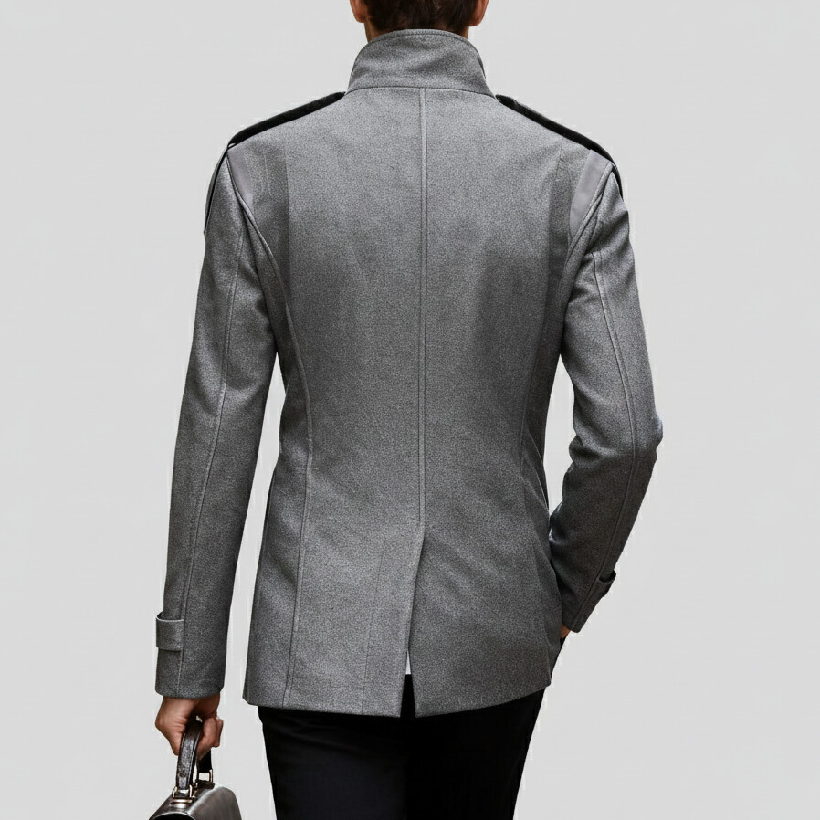 Men's Khaki Stand-Up Collar Long Sleeve Double Breasted Pocket Woolen Trench Coat