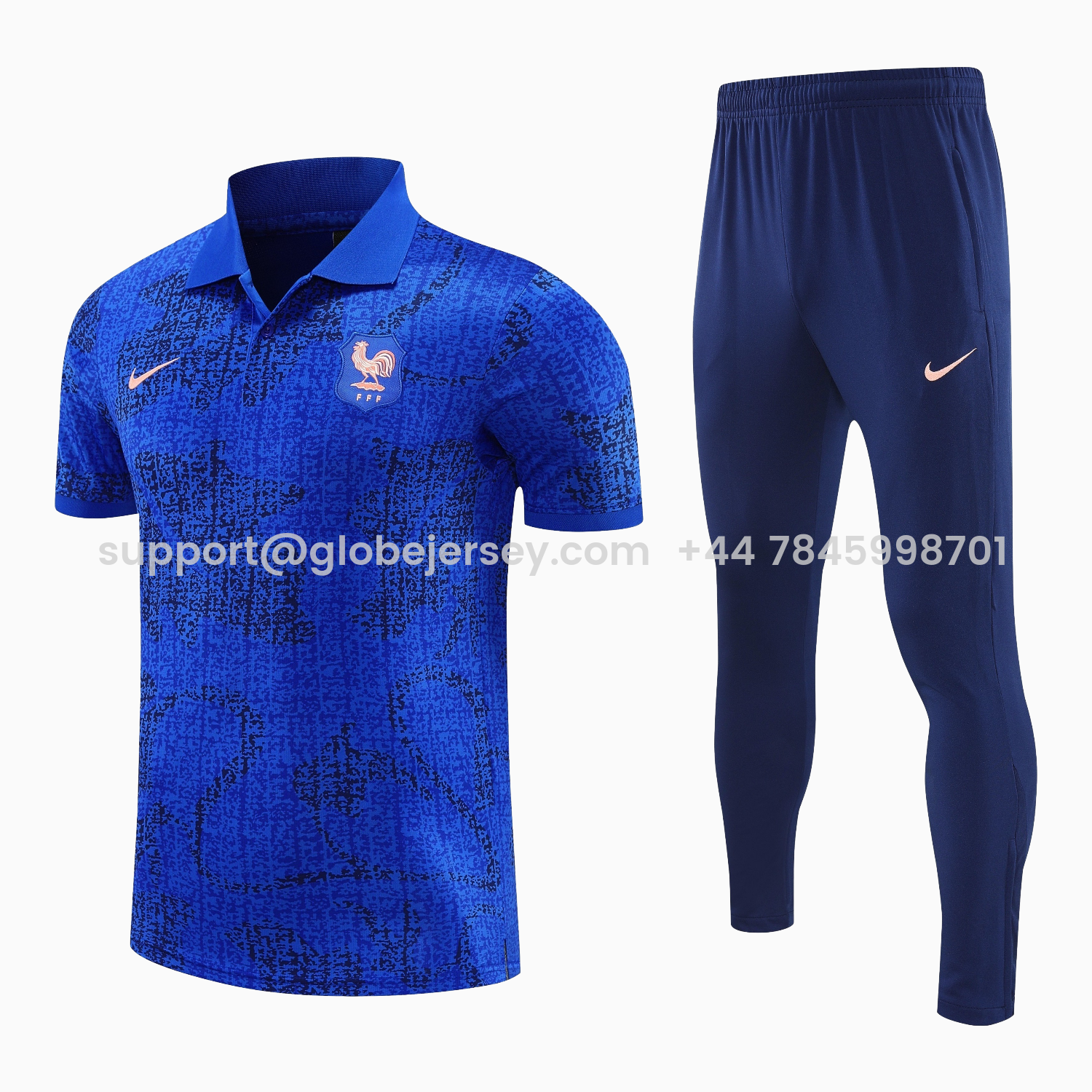 France 25-26 POLO Short-Sleeve Training Set - Ocean Blue Top and Dark Blue Pants