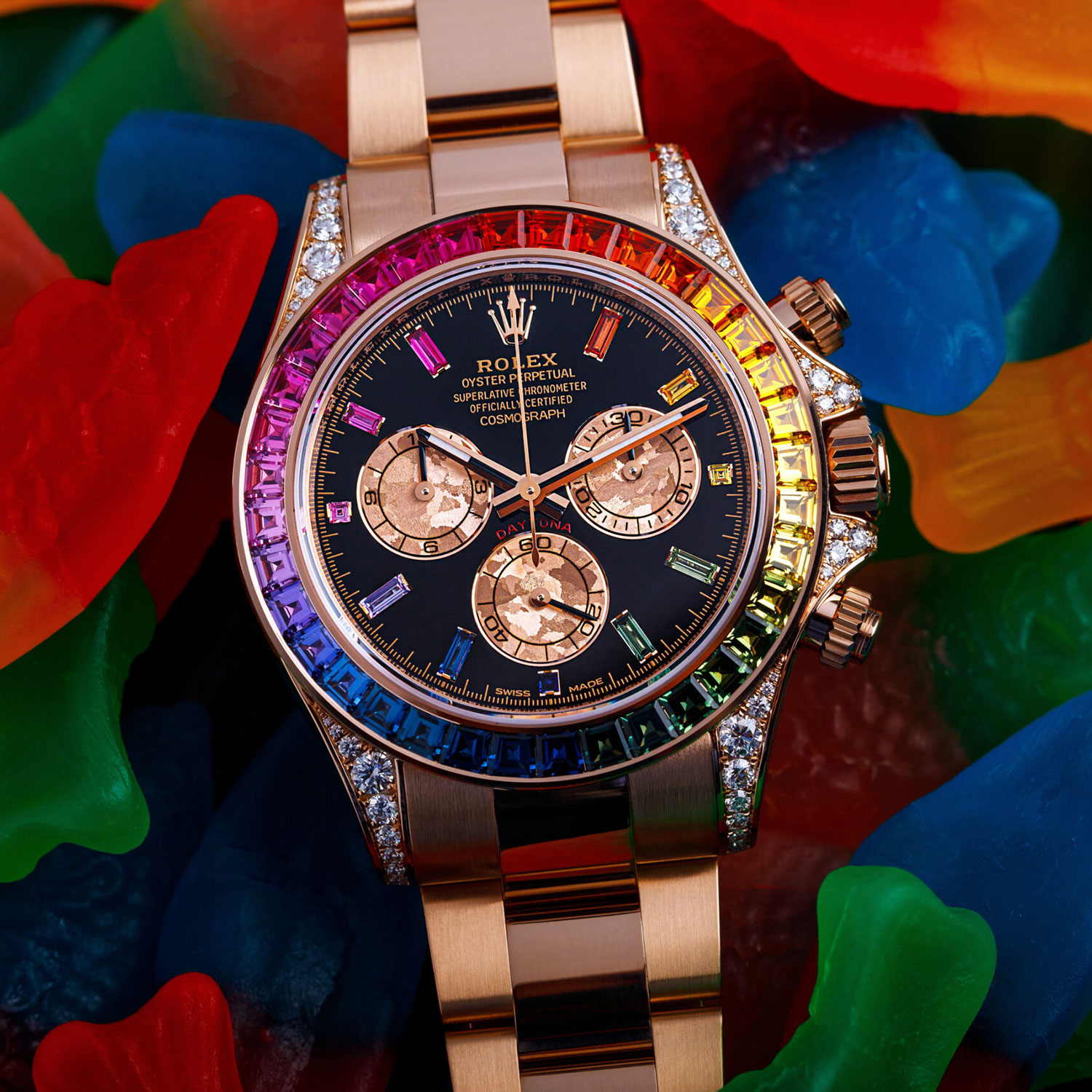 ​Rollie-The Crown Daytona Rainbow Diamond Rose Gold Stainless Steel 40mm