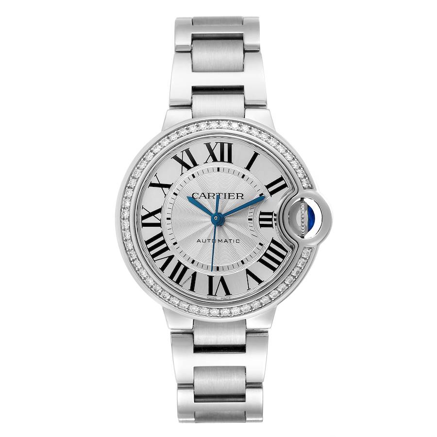 Cartier Ballon Bleu 36mm Steel Diamond Bezel Ladies Watch W4BB0023