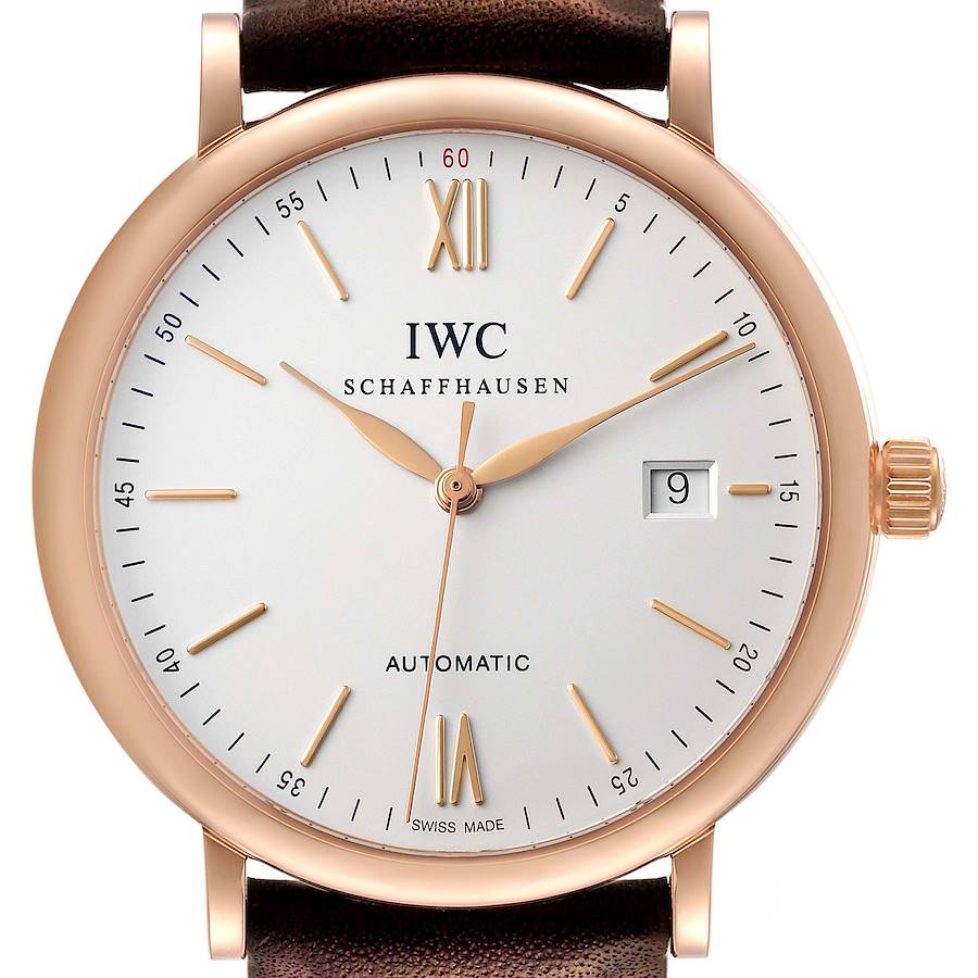 IWC Portofino 18k Rose Gold Automatic 40 mm Silver Dial Brown Strap Mens Watch IW356504
