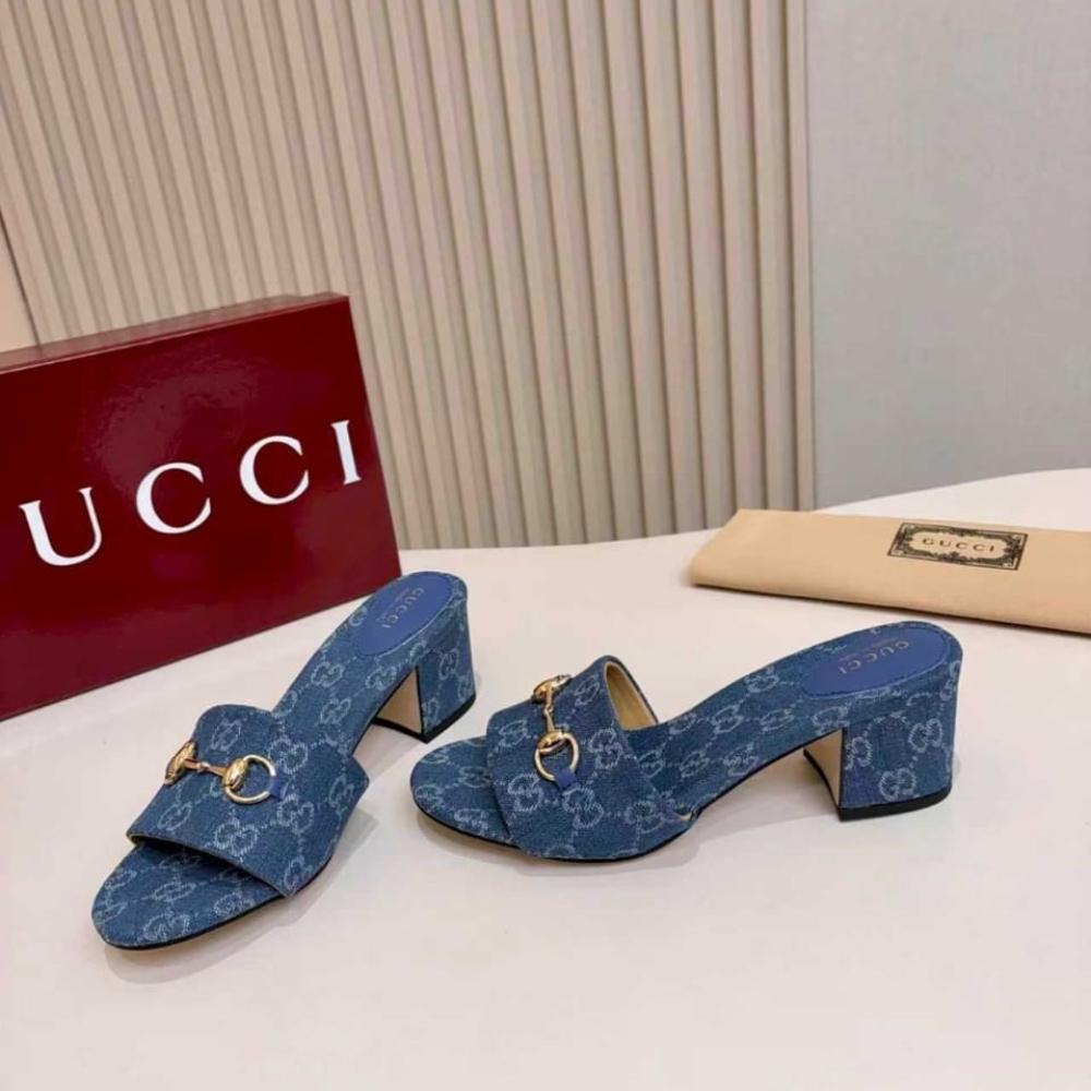 Gucci Women Slide Sandal With Horsebit Blue GG Denim 854882 FAFGT 4746