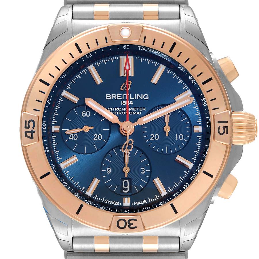 Breitling Chronomat B01 Steel Rose Gold Blue Dial Mens Watch UB0134