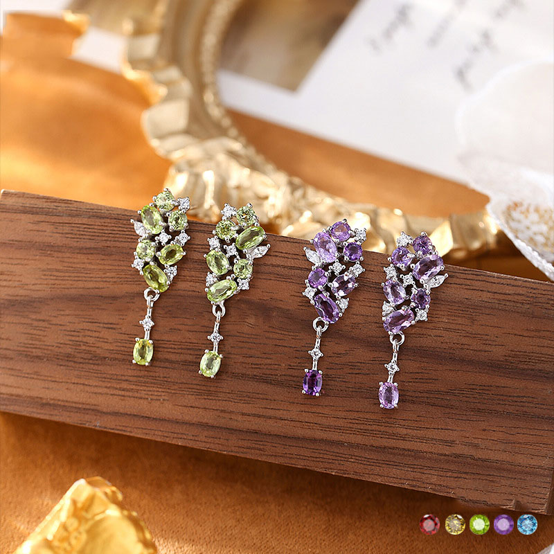 GemVibra 925 Silver Drop Earrings with Natural Amethyst/Citrine/Garnet/Peridot/Topaz & Rhinestone Accents
