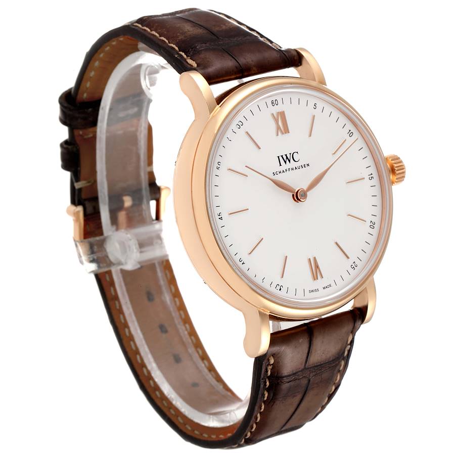 IWC Portofino 18k Rose Gold Silver Dial Brown Strap Mens Watch IW511101