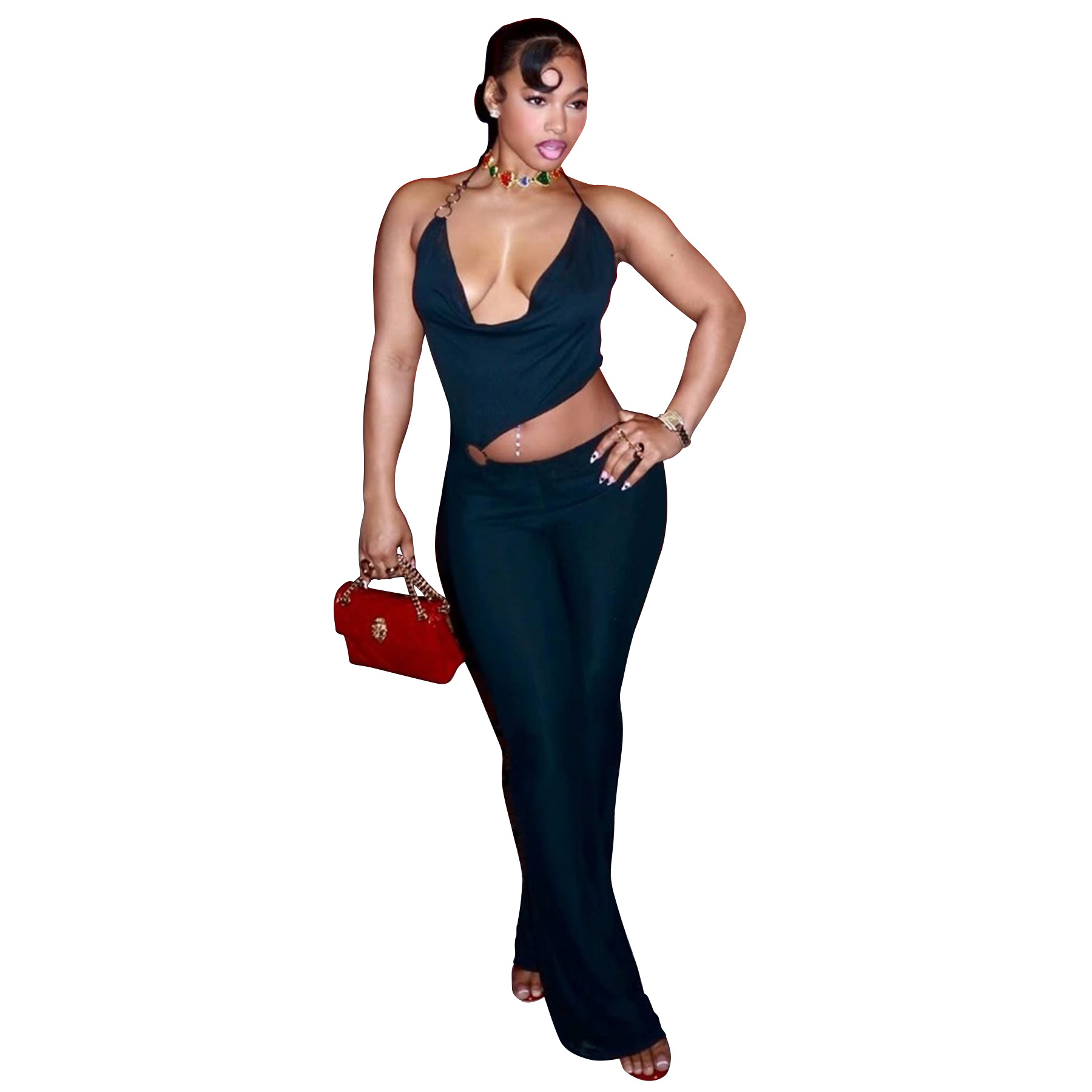 Women’s Circle-Embellished Halter Neck Open-Waist Jumpsuit