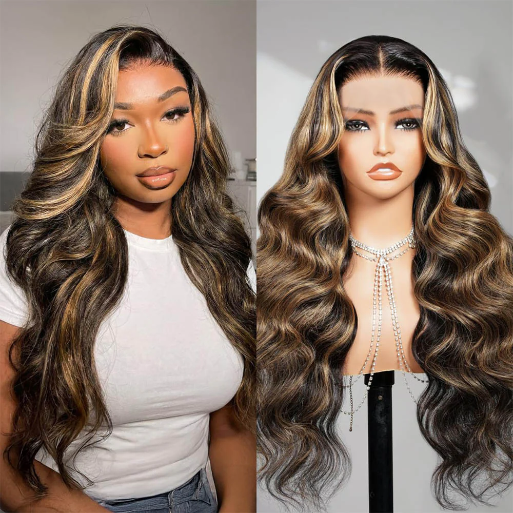 Megalook 13x4 Lace Frontal Balayage Body Wave Wig Invisible Knots Breathable Cap
