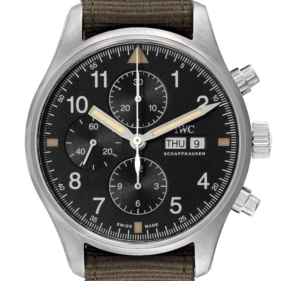 IWC Spitfire Pilot Steel Black Dial Chronograph Mens Watch IW377724