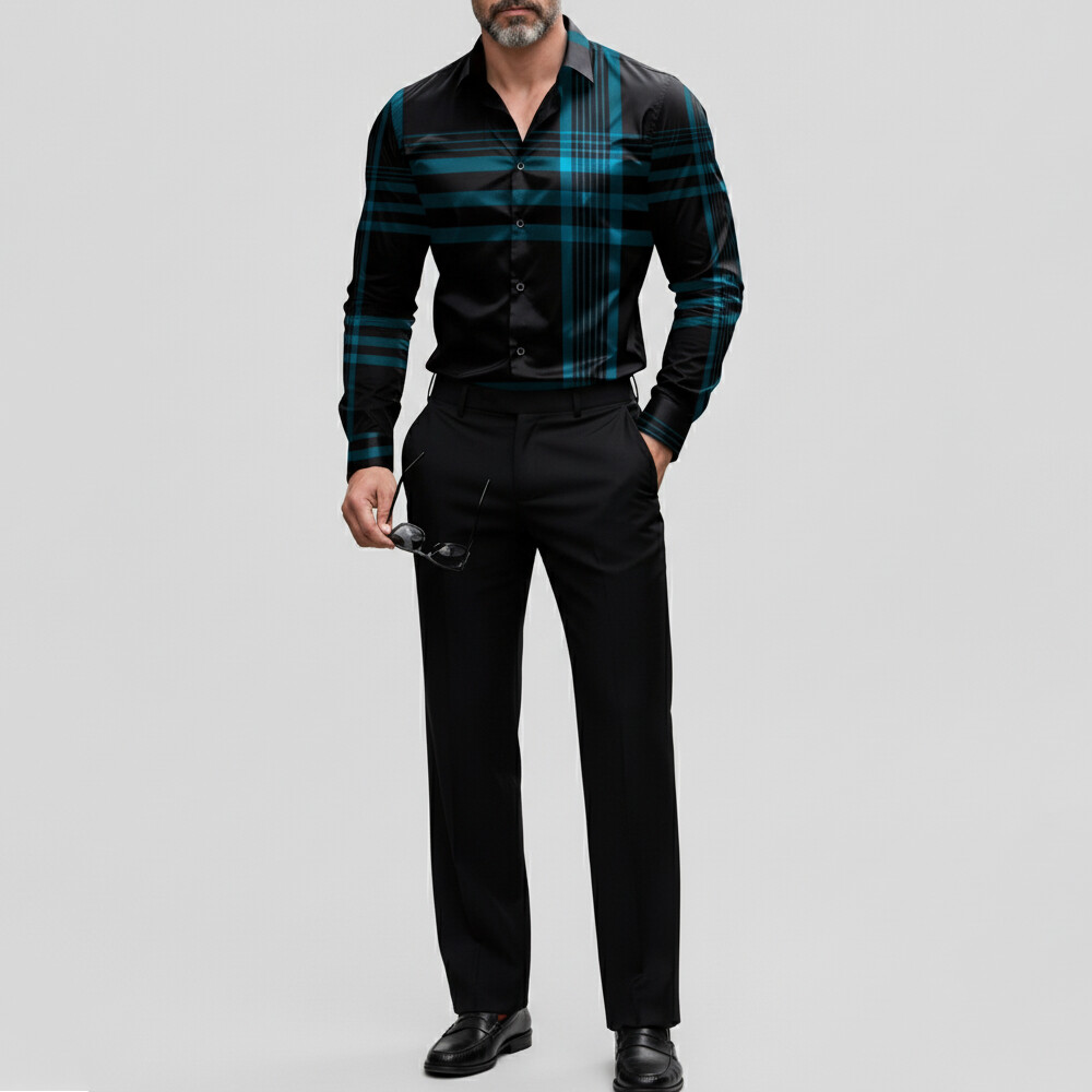 Men's Business Casual Plaid Single Breasted Long Sleeve Shirt