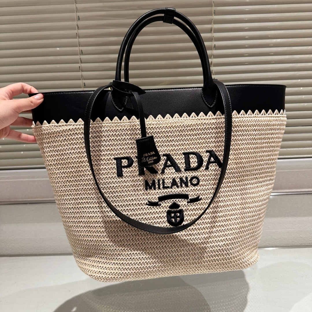 Prada Crochet And Leather Tote Bag Tan And Black 33Cm 1Bg499 2M2Q F0I55 V Goo
